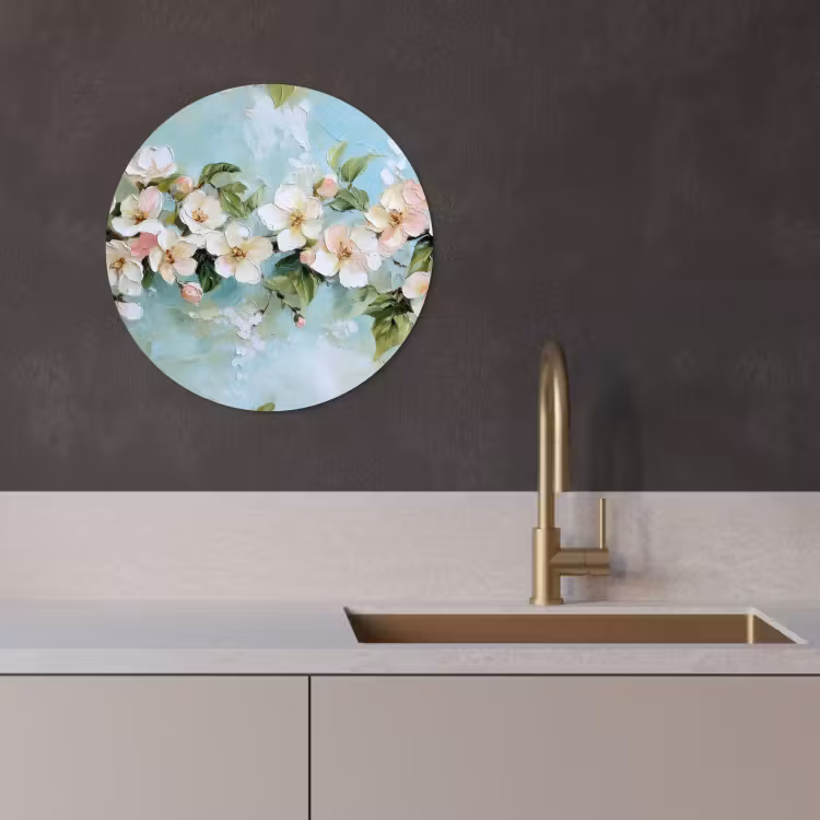 Tableau rond - Fleur - Feuilles - Bleu clair — 1