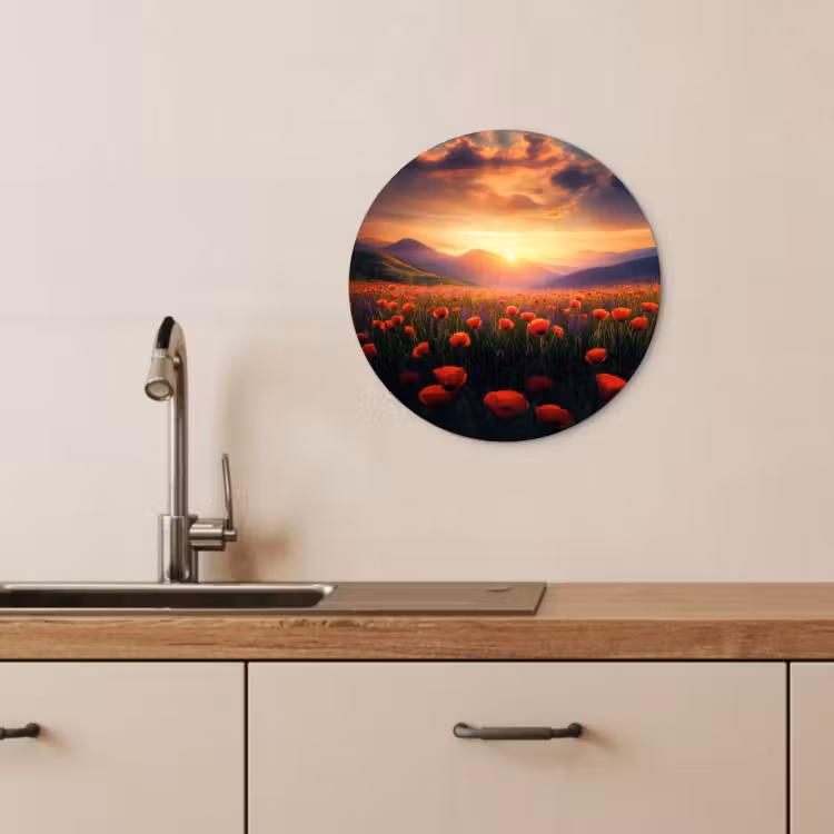 Tableau rond - Paysage - Coucher de soleil - Champ de fleurs — 4
