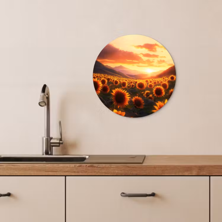 Tableau rond - Tournesols - Coucher de soleil - Paysage — 1