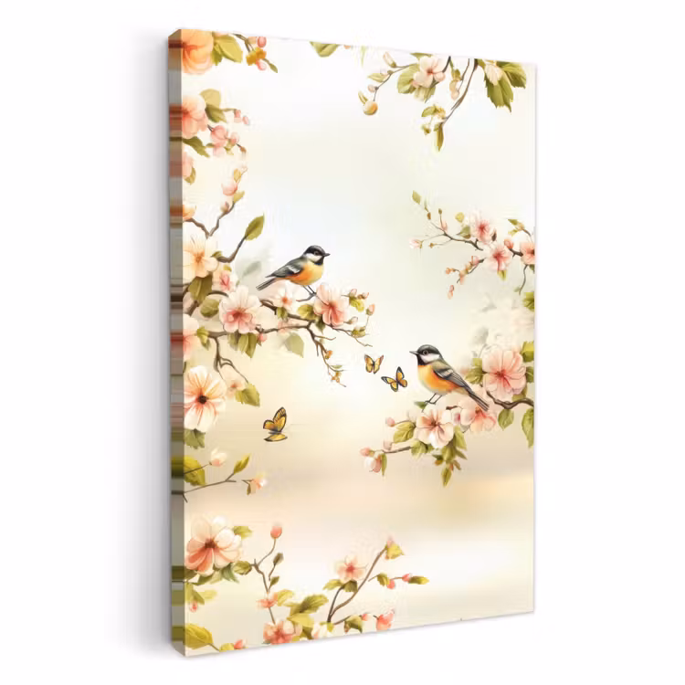 Tableau sur toile - Branches - Fleurs - Oiseaux - Rose — 2