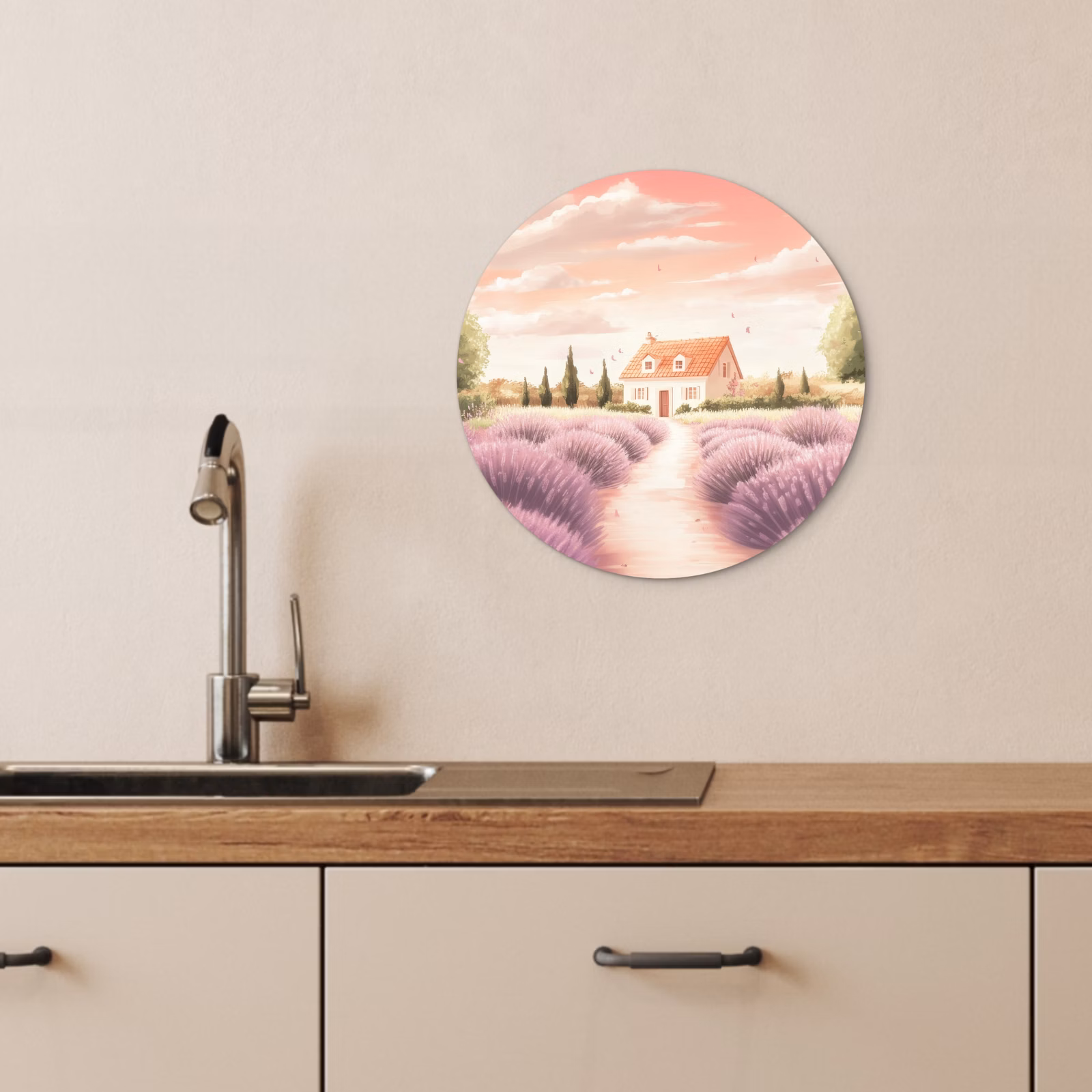 Tableau rond - Champ de lavande - Maison - Violet — 1