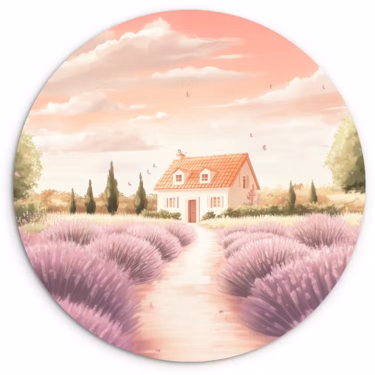 Tableau rond - Champ de lavande - Maison - Violet — 2