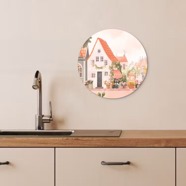 Tableau rond - Fleurs - Maisons - Village — 1