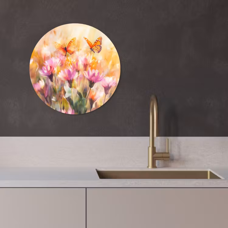 Tableau rond - Papillons - Orange - Fleurs — 2