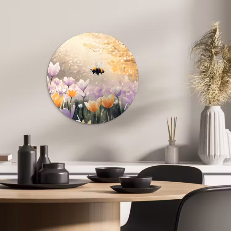 Tableau rond - Violettes - abeille - soleil — 1