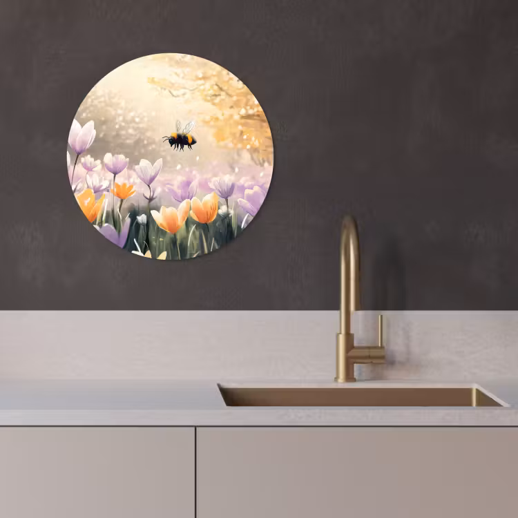 Tableau rond - Violettes - abeille - soleil — 2