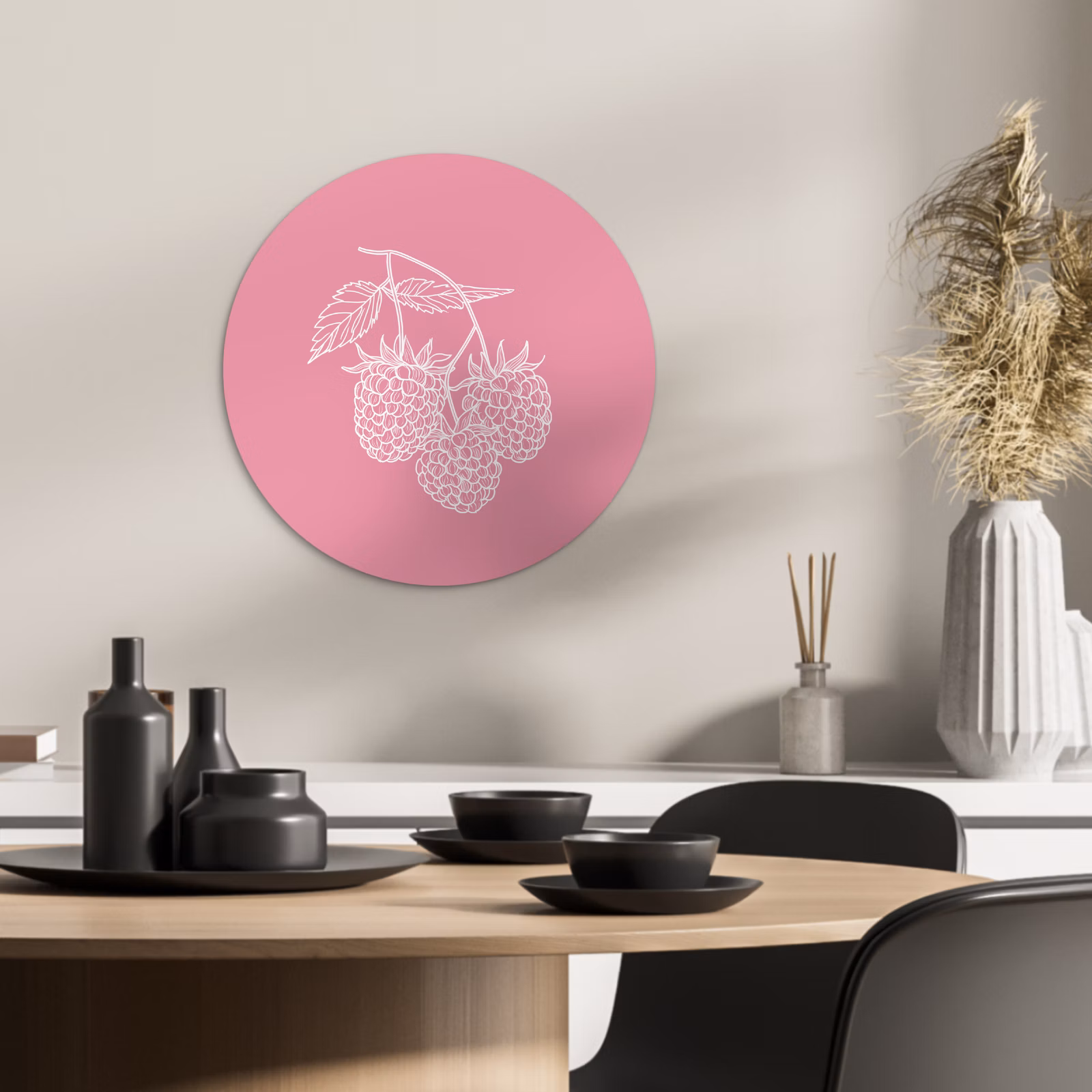 Tableau rond - Framboises - Tige - Dessinée - Rose — 1
