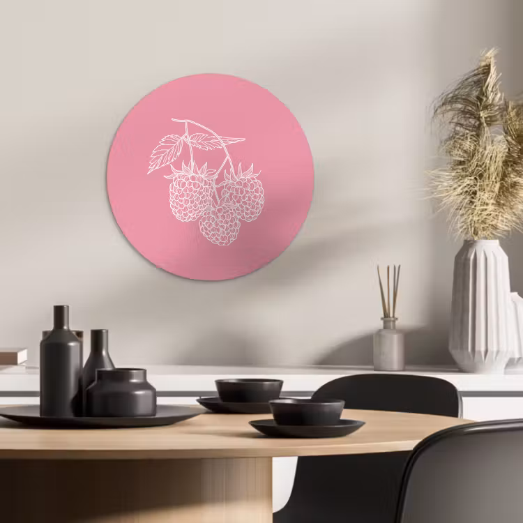 Tableau rond - Framboises - Tige - Dessinée - Rose — 1