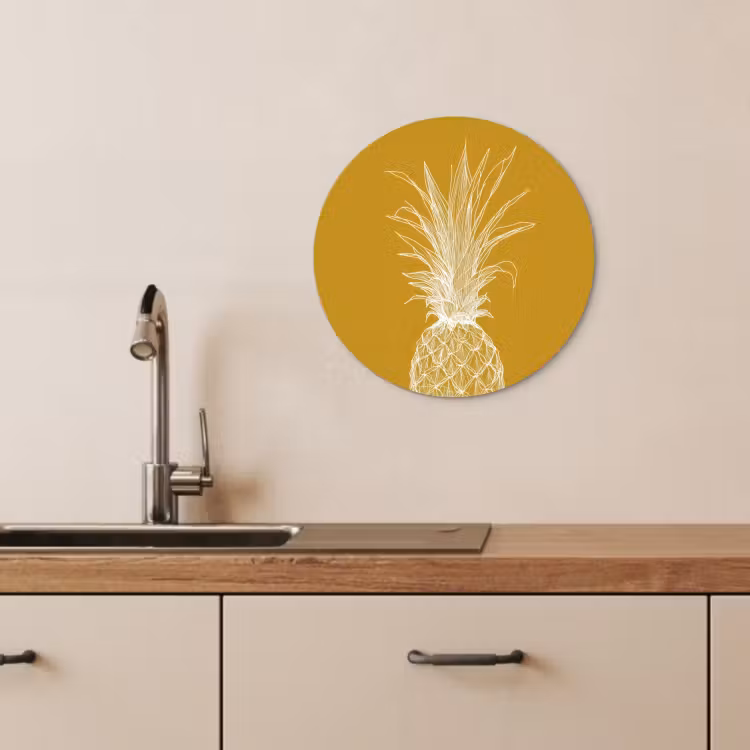 Tableau rond - Illustration au trait - Ananas - Couronne de feuilles - Jaune ocre — 2