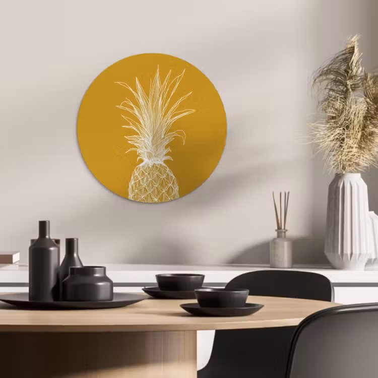 Tableau rond - Illustration au trait - Ananas - Couronne de feuilles - Jaune ocre — 3