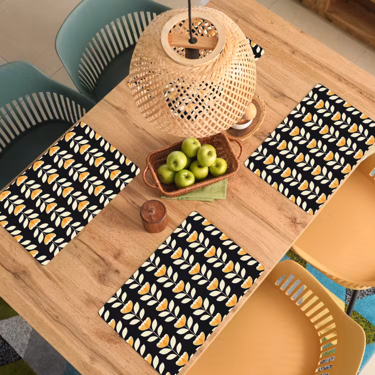 Set de table – 6 pièces - Retro - Fleur - Noir - Jaune ocre — 3