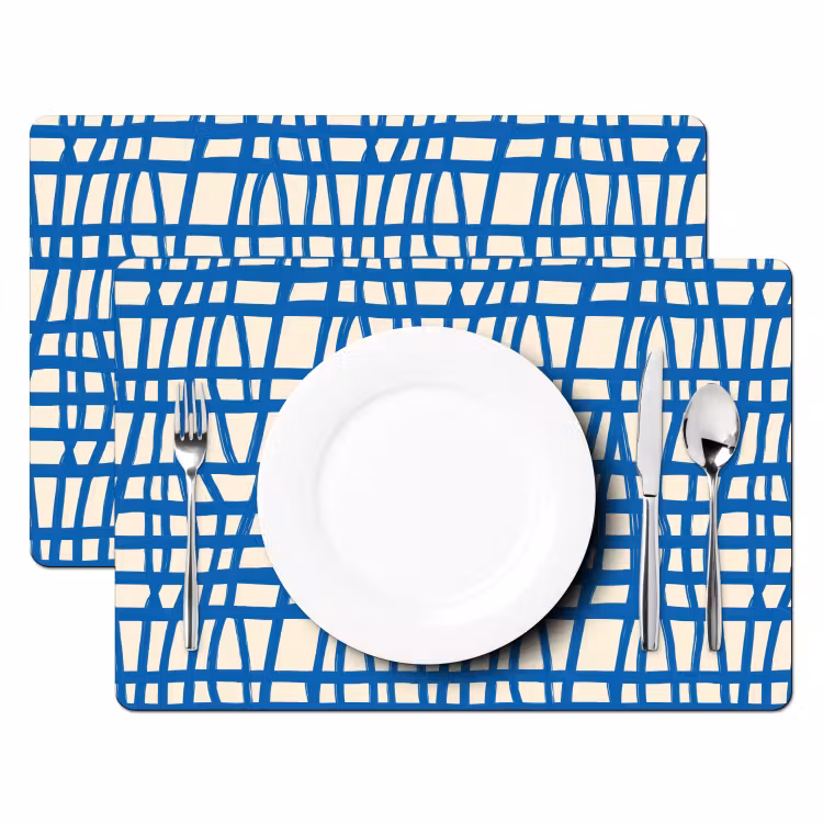 Set de table – 6 pièces - Motif à carreaux - Bleu - Crème — 2
