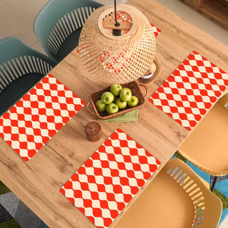 Set de table – 6 pièces - Motif ondulé - Rétro - Rouge - Beige — 3
