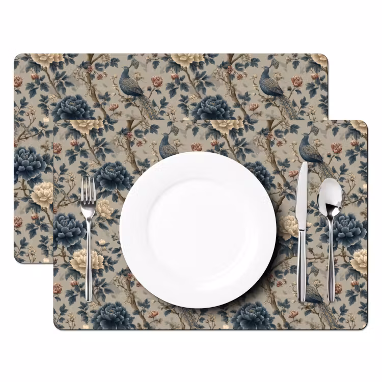 Set de table – 6 pièces - Paon - Fleurs - Bleu — 2