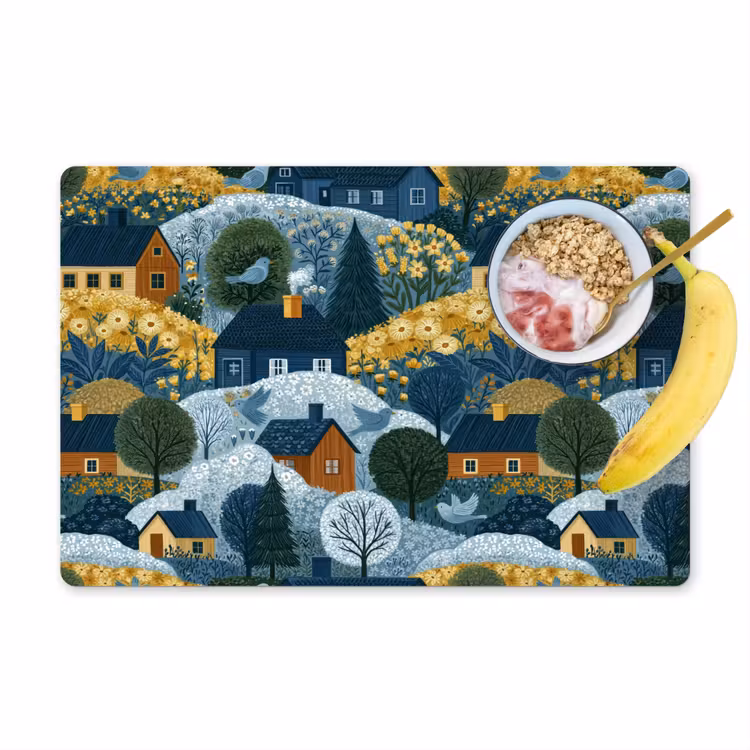 Set de table – 6 pièces - Maisons - Fleurs - Motif - Jaune - Bleu — 1