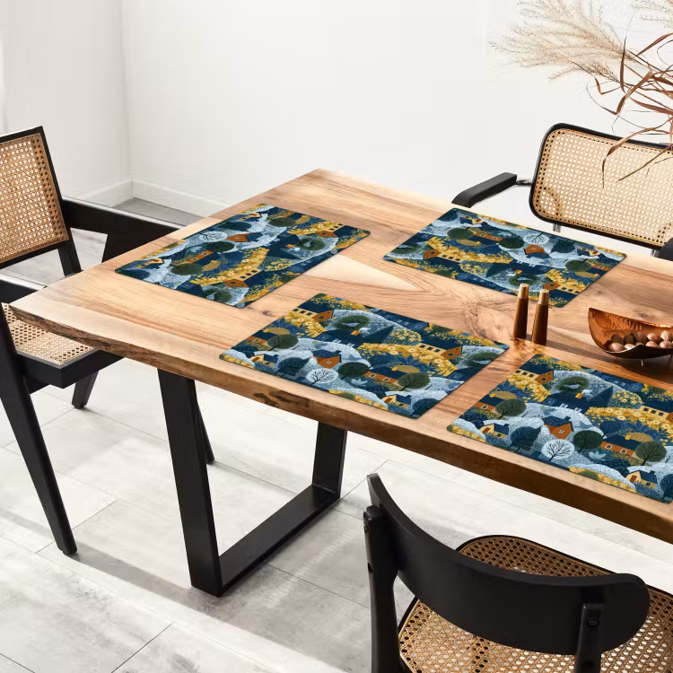 Set de table – 6 pièces - Maisons - Fleurs - Motif - Jaune - Bleu — 4