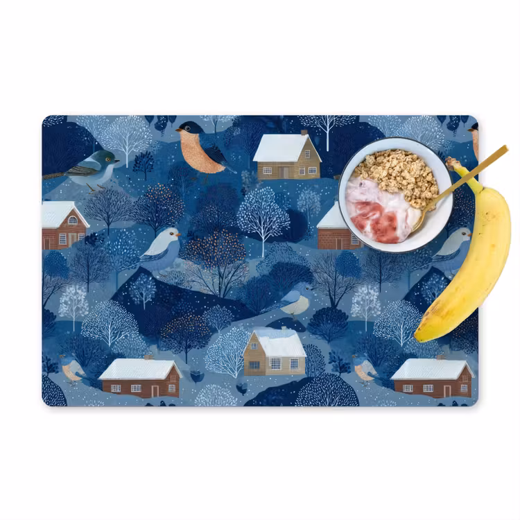 Set de table – 6 pièces - Maisons - Oiseaux - Neige - Bleu — 1