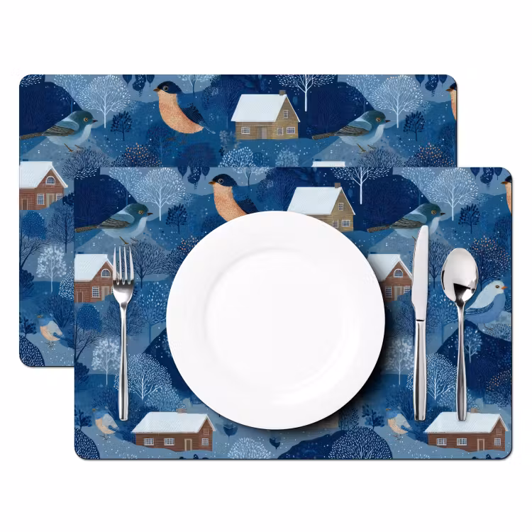 Set de table – 6 pièces - Maisons - Oiseaux - Neige - Bleu — 2