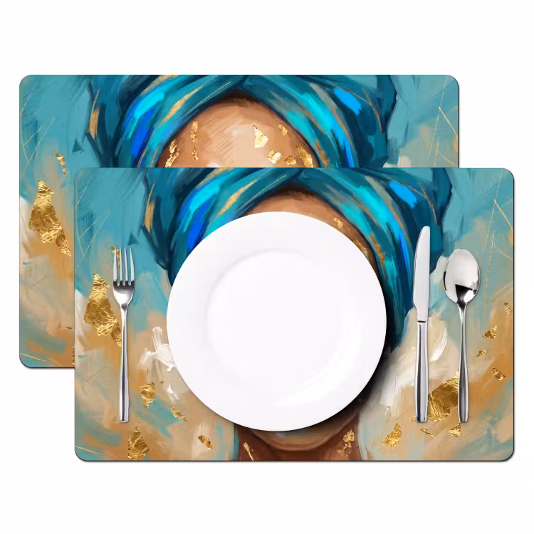 Set de table – 6 pièces - Portrait - Femme - Peinture - Bleu - Or - Expressif — 2