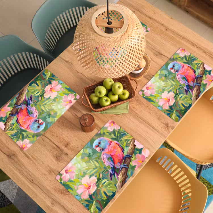 Set de table – 6 pièces - Perroquet - fleurs d'hibiscus - coloré — 3