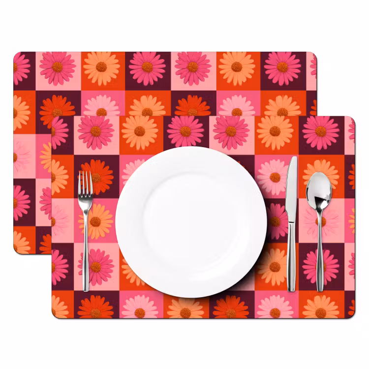 Set de table – 6 pièces - Pâquerettes - Damier - Rétro - Rose - Orange — 2