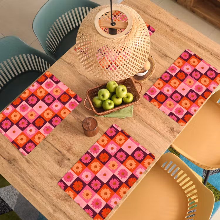 Set de table – 6 pièces - Pâquerettes - Damier - Rétro - Rose - Orange — 3