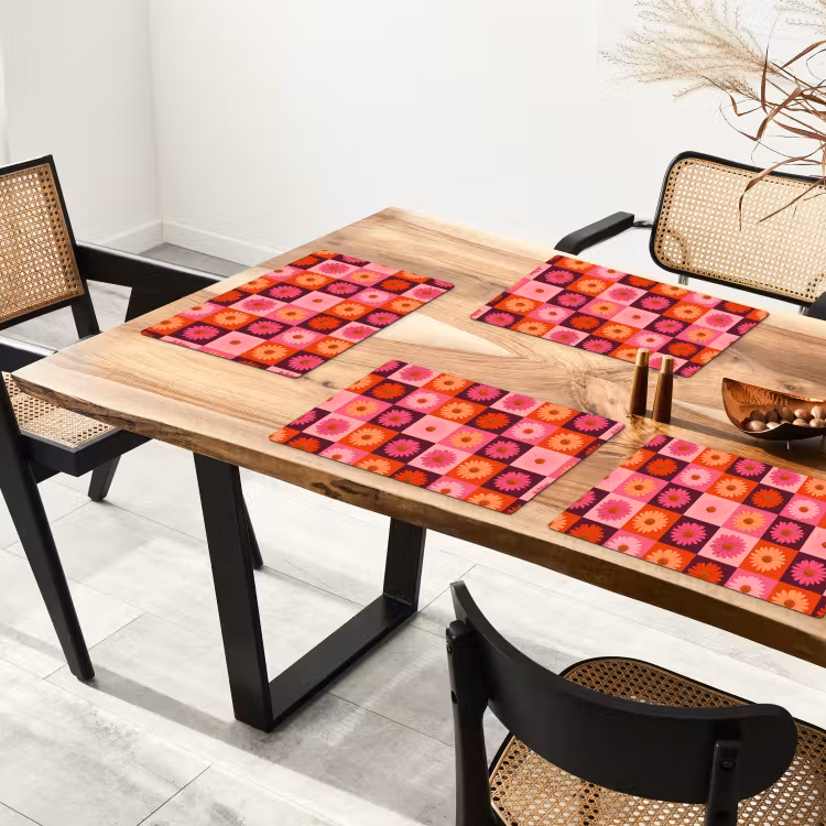 Set de table – 6 pièces - Pâquerettes - Damier - Rétro - Rose - Orange — 4
