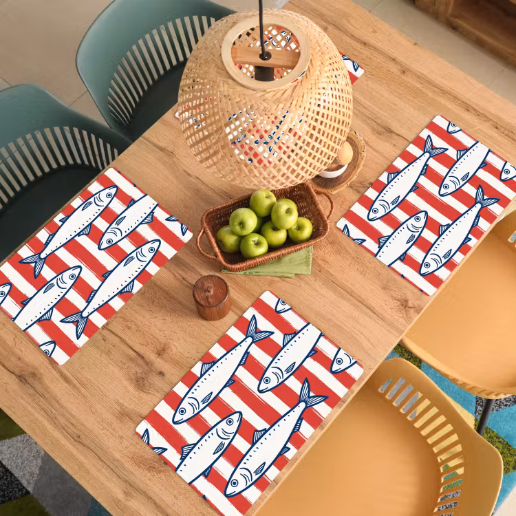 Set de table – 6 pièces - Poisson - Motif - Rayures - Illustration - Rouge — 3
