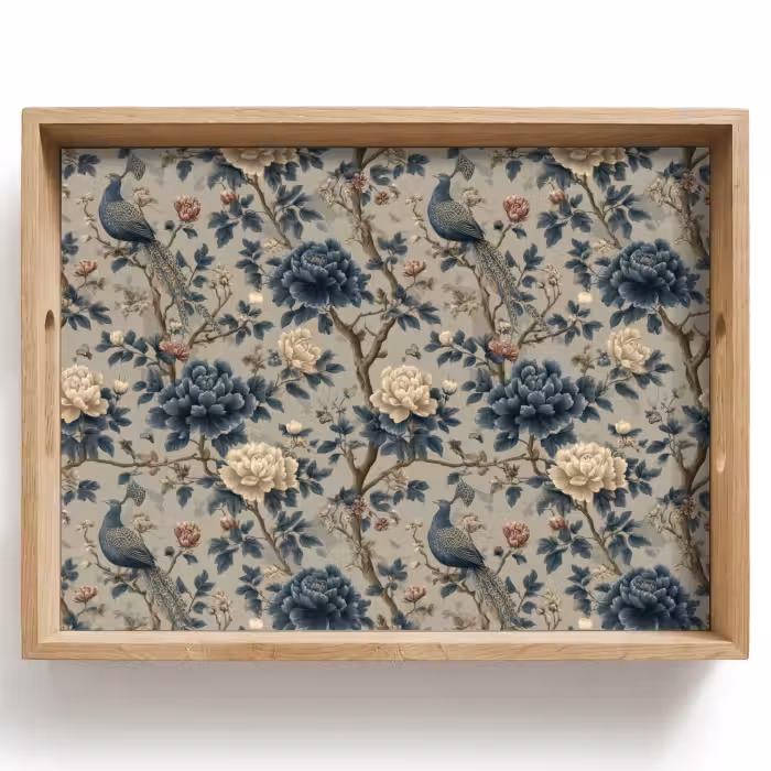 Plateau - Paon - Fleurs - Bleu
