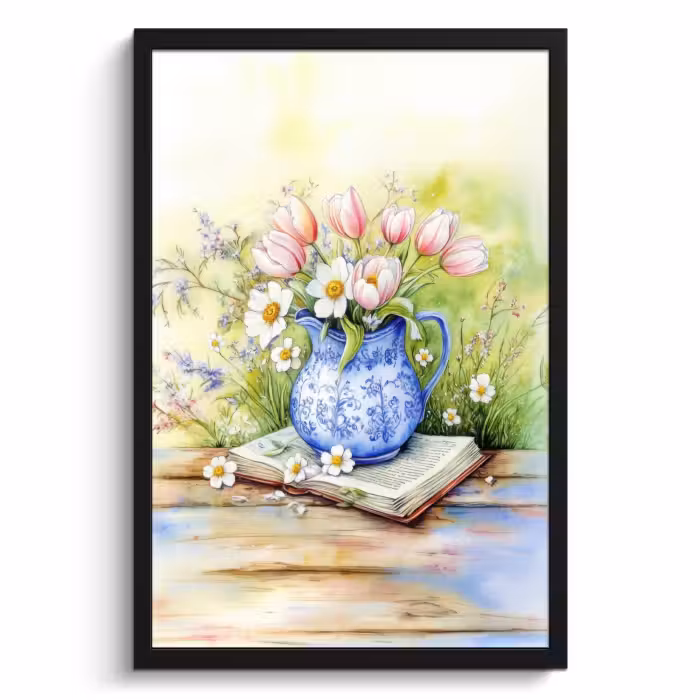 Cadre Photo - Vase - Bleu de Delft - Marguerites