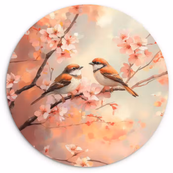 Tableau rond - Oiseaux - Romantique - Branche fleurie