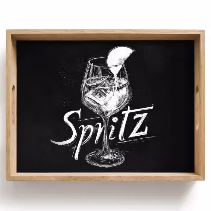 Plateau - Verre spritz - Lettres à la craie - Glaçons - Citron
