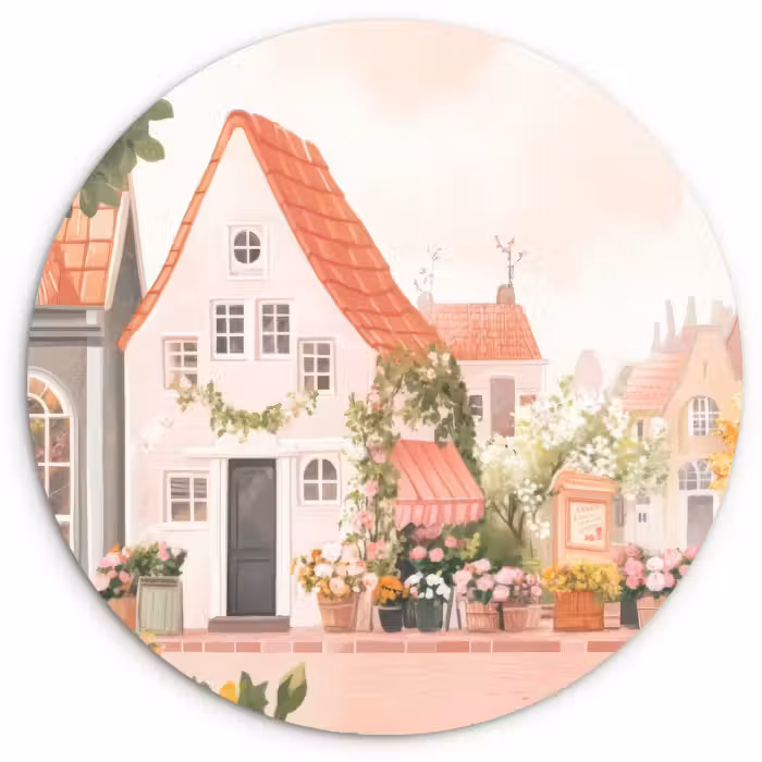 Tableau rond - Fleurs - Maisons - Village