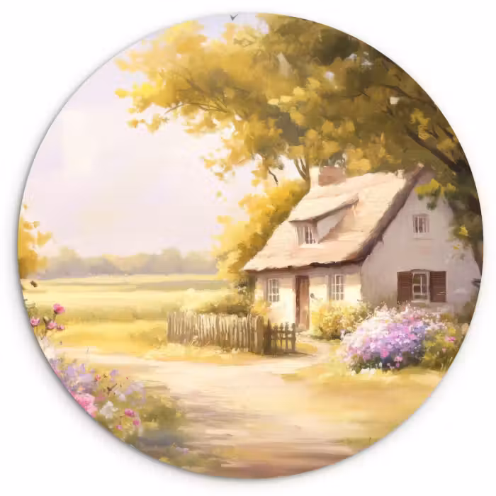 Tableau rond - Chalet - Bois - Fleurs