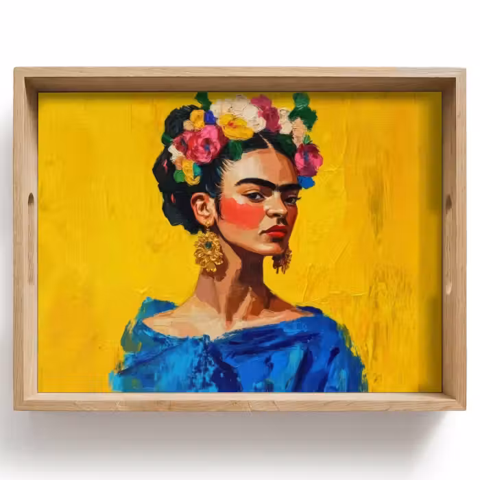 Plateau - Frida Kahlo - Femme - Jaune - Bleu - Fleurs