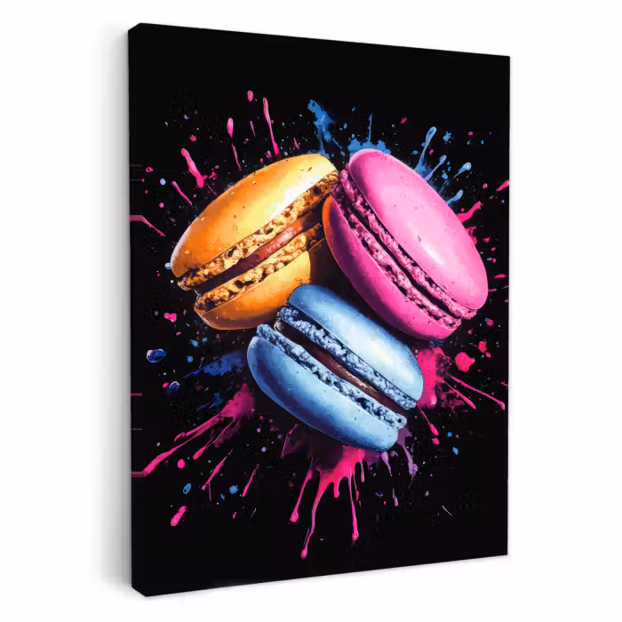 Tableau sur toile - Macarons - Dessert - Graffiti - Coloré - Rose - Bleu - Jaune