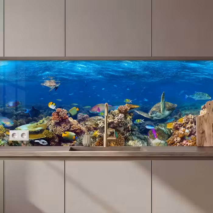 Crédence cuisine - Paysage sous-marin - Poisson - Tortue - Bleu