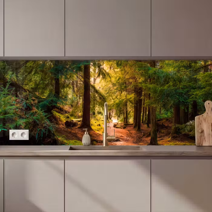 Crédence cuisine - Forêt - Chemin - Arbres - Vert - Soleil - Nature