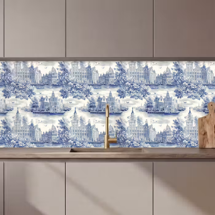 Crédence cuisine - Maisons - Arbres - Eau - Oiseaux - Bleu