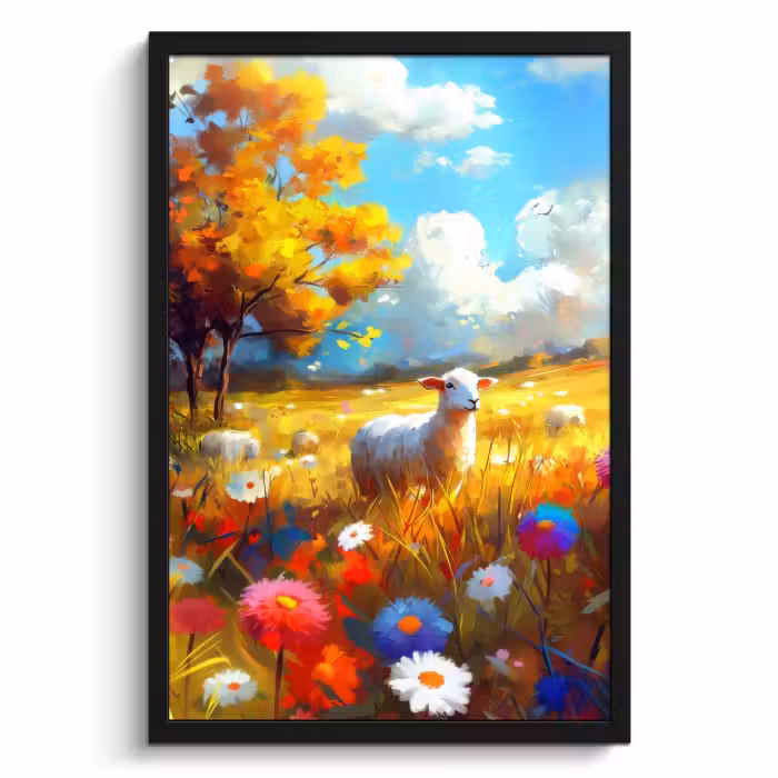 Cadre Photo - Mouton - Prairie - Fleurs
