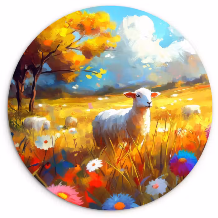 Tableau rond - Mouton - Prairie - Fleurs