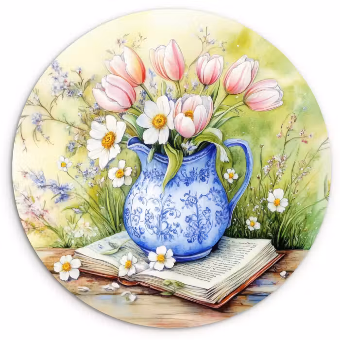 Tableau rond - Vase - Bleu de Delft - Marguerites