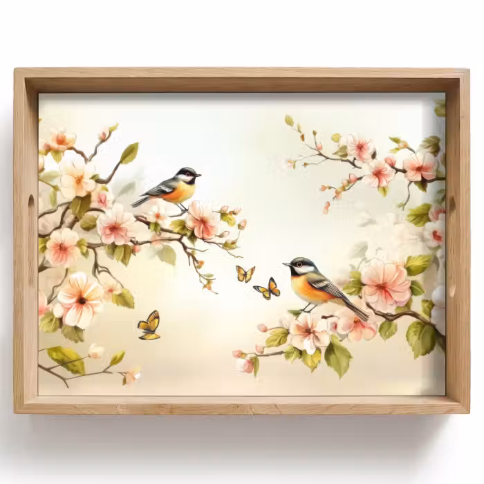 Plateau - Branches - Fleurs - Oiseaux - Rose