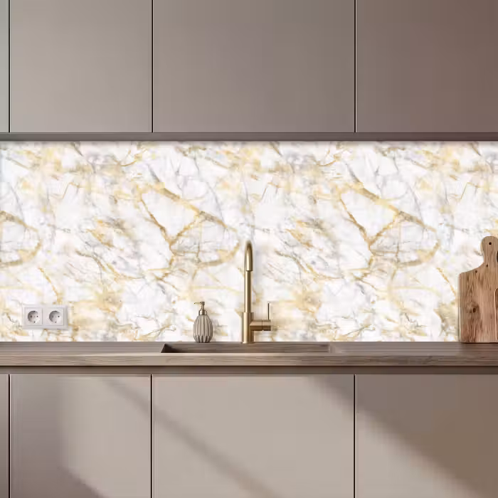 Crédence cuisine - Marbre - Blanc - Expressif - Accents dorés