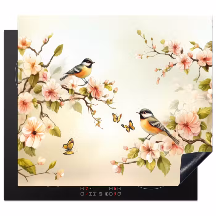 Protection plaque induction - Branches - Fleurs - Oiseaux - Rose