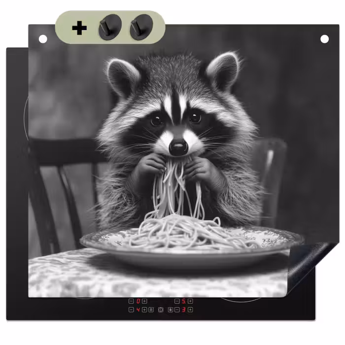Beschemer à induction avec crochets - Raton laveur - Mignon - Pâtes - Nappe - Noir - Blanc