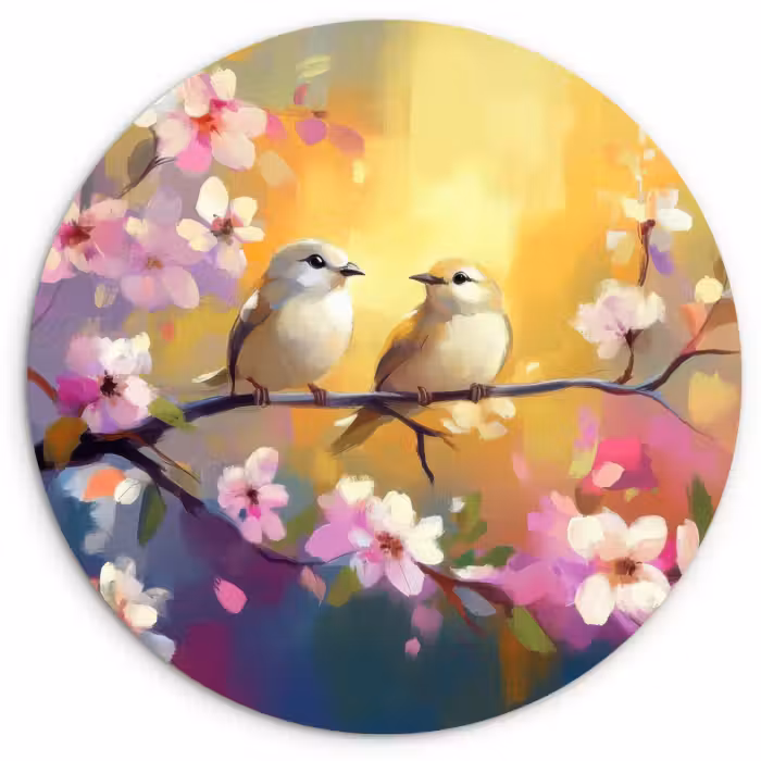 Tableau rond - Oiseaux - Fleurs - Rose