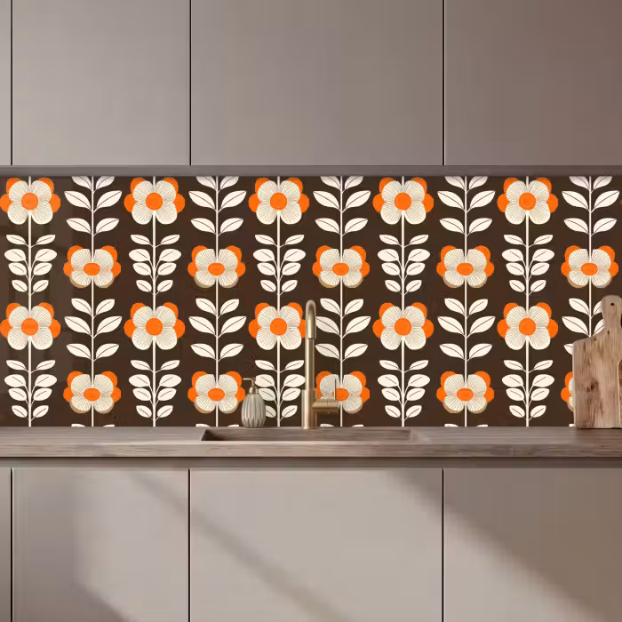 Crédence cuisine - Fleurs - Rétro - Marron