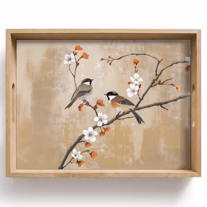Plateau - Oiseaux - Branche fleurie - Orange