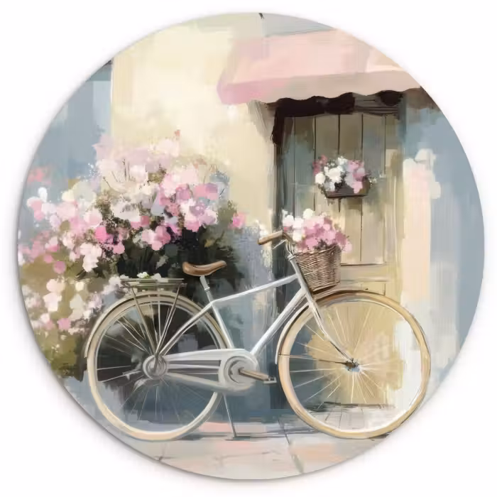 Tableau rond - Bicyclette - Couleurs pastel - Fleurs